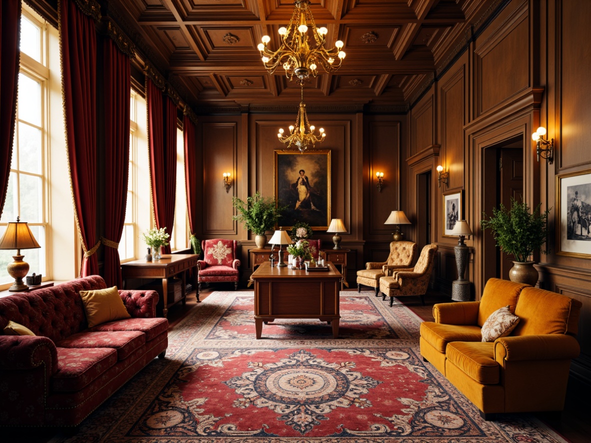 Prompt: Luxurious office interior, rich velvet fabrics, intricately patterned rugs, ornate wooden furnishings, vintage-inspired accessories, warm golden lighting, heavy drapery, lavish upholstery, tufted leather sofas, antique bronze fixtures, opulent chandeliers, stately columns, high ceilings, ornamental moldings, Victorian-era architectural details, traditional British color palette, elegant typography, classic clockwork mechanisms, sophisticated ambiance, shallow depth of field, 1/1 composition, realistic textures, ambient occlusion.