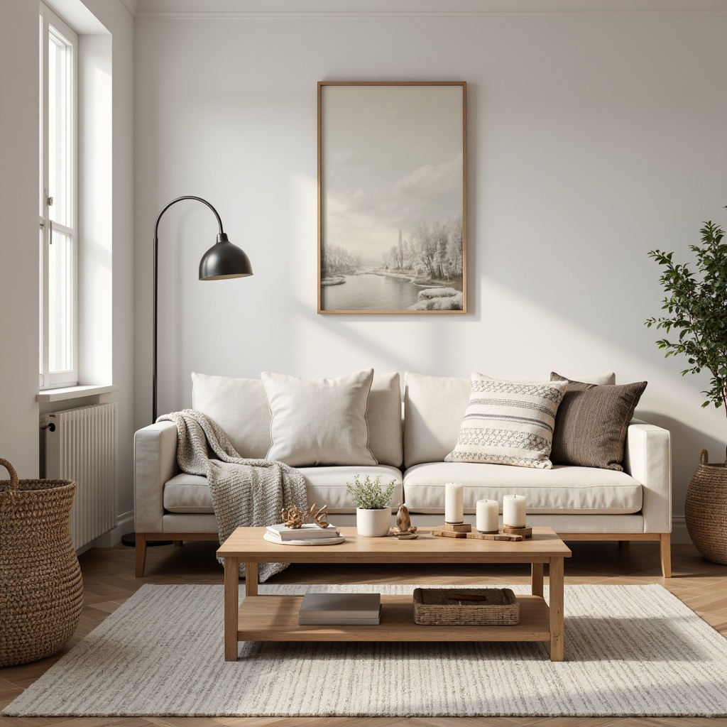 Prompt: Minimalist living room, sleek wooden furniture, light-colored walls, natural textures, woven baskets, plush throw blankets, functional decor, Nordic-inspired patterns, cozy atmosphere, warm candlelight, soft focus, shallow depth of field, 1/2 composition, realistic wood grains, ambient occlusion.