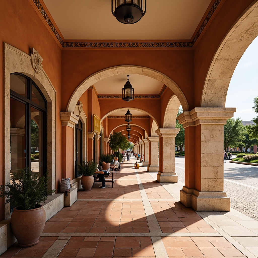 Prompt: Warm Mediterranean bus station, terracotta tiled floors, stucco walls, earthy color palette, ornate metalwork details, decorative arches, curved lines, natural stone columns, ceramic tile accents, warm beige ceilings, soft diffused lighting, shallow depth of field, 3/4 composition, panoramic view, realistic textures, ambient occlusion.