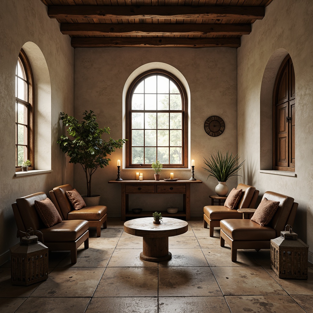 Prompt: \Simple monastery spaces, rustic wooden furniture, distressed finishes, natural stone walls, arched windows, vaulted ceilings, soft candlelight, serene ambiance, minimalist decor, neutral color palette, comfortable seating areas, worn leather armchairs, reclaimed wood tables, metal lanterns, ornate crucifixes, peaceful atmosphere, subtle textures, warm earthy tones, 1/1 composition, softbox lighting, realistic materials, ambient occlusion.\