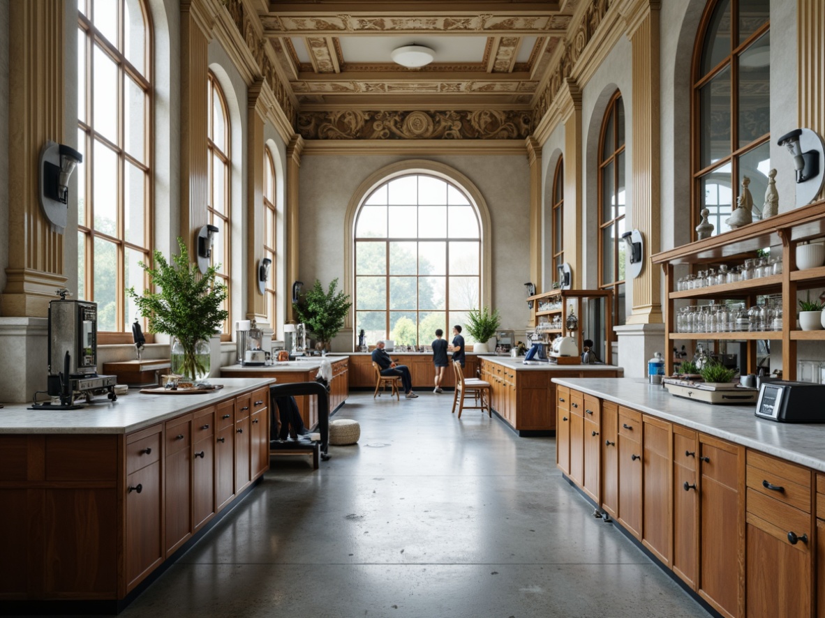 Prompt: Grandiose laboratory, neoclassical architecture, ornate columns, marble countertops, wooden cabinetry, metal instrumentation, fume hoods, ergonomic workstations, adjustable lighting, high ceilings, large windows, natural ventilation, minimalist decor, industrial chic accents, polished concrete floors, sophisticated color schemes, soft warm lighting, shallow depth of field, 1/2 composition, symmetrical framing, realistic textures, ambient occlusion.