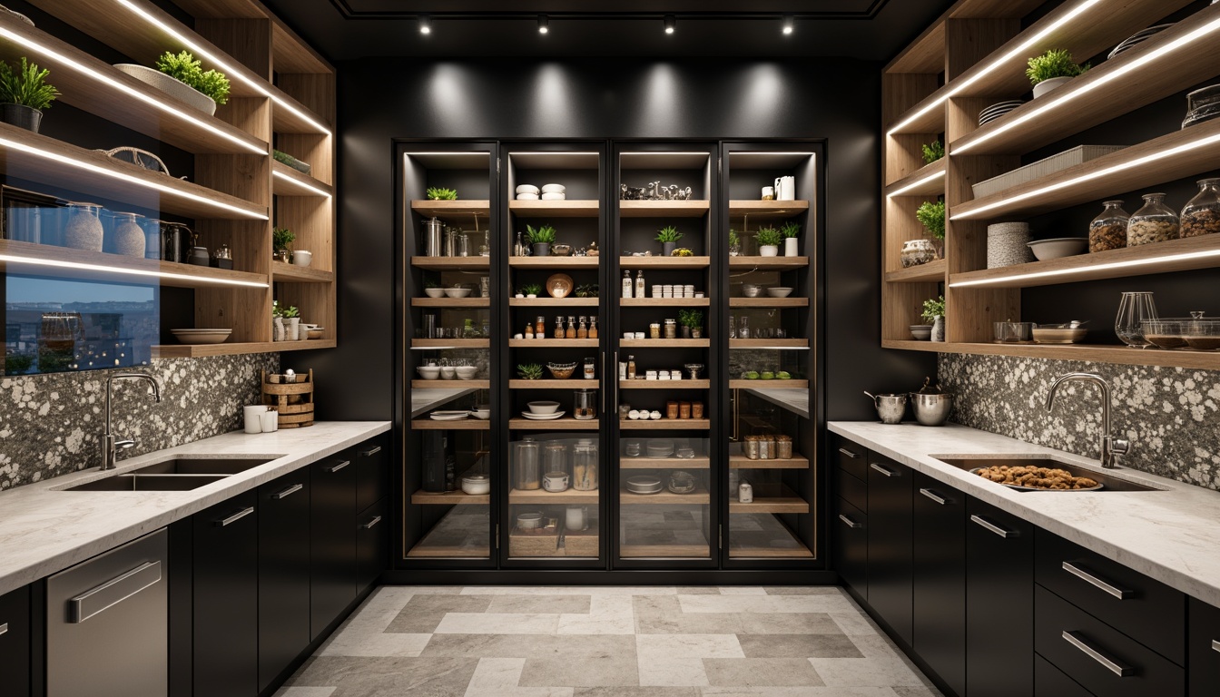 Prompt: Modern pantry, sleek cabinetry, minimalist design, pull-out shelves, soft-close drawers, LED lighting, glass countertops, stainless steel appliances, smart storage systems, automated inventory management, sensor-activated doors, chrome hardware, matte black finishes, industrial-chic decor, urban loft aesthetic, natural stone flooring, pendant lighting, 3/4 composition, shallow depth of field, realistic textures.