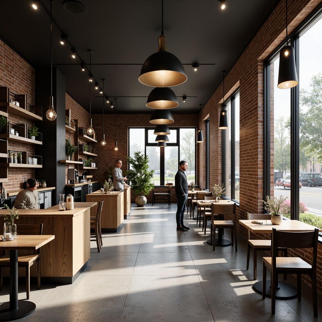 Prompt: Minimalist coffee shop interior, industrial-style lighting fixtures, exposed brick walls, polished concrete floors, wooden accents, geometric shapes, metallic tones, pendant lamps, cylindrical shades, Edison bulbs, matte black finishes, minimalist decor, modernist vibe, natural daylight, soft warm ambiance, 1/1 composition, shallow depth of field, realistic textures, ambient occlusion.