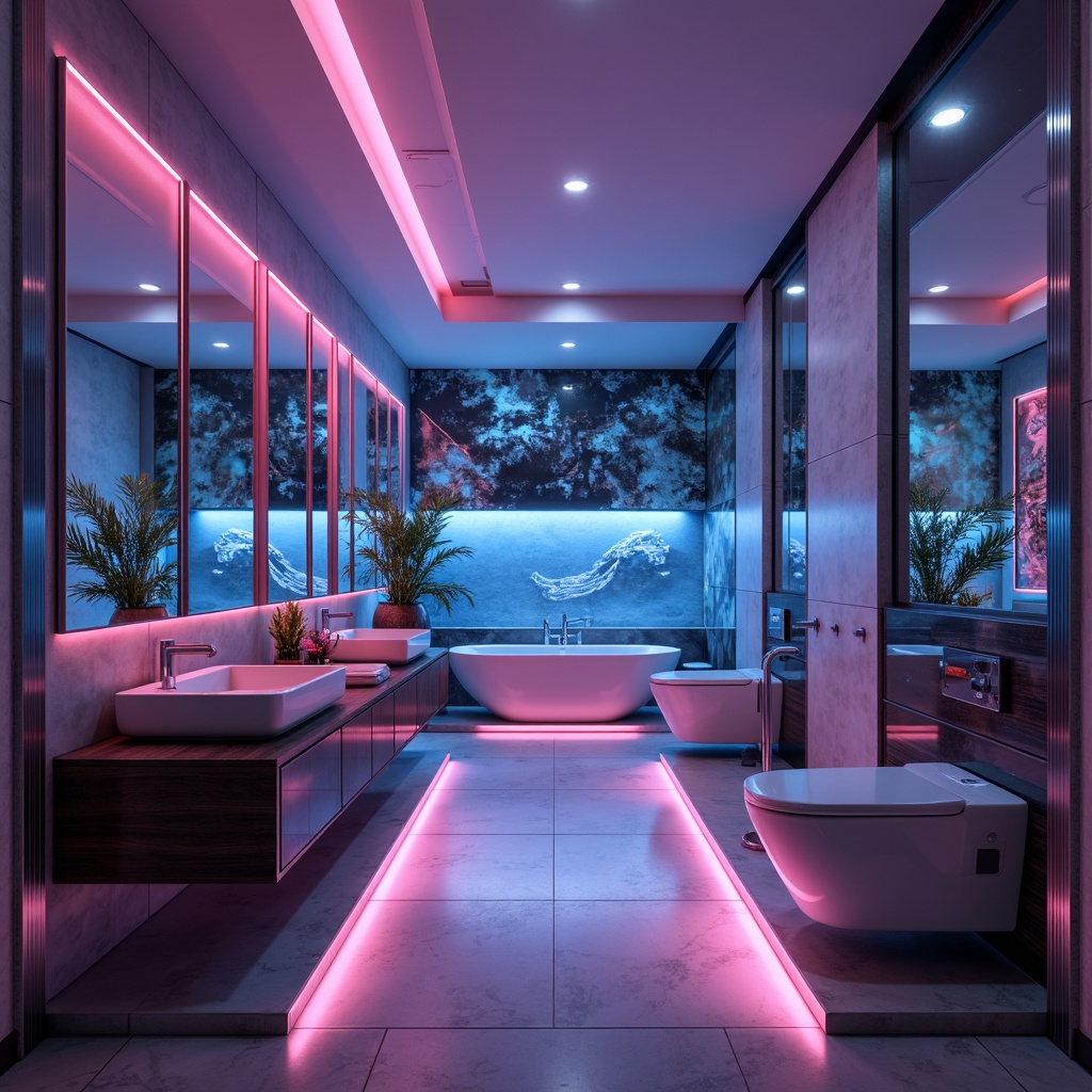 Prompt: Futuristic bathroom, neon-lit mirrors, glowing LED strips, ambient floor lighting, soft warm illumination, minimalist chrome fixtures, sleek glass countertops, futuristic sink designs, high-tech toilet systems, water-efficient showerheads, eco-friendly materials, holographic displays, virtual reality interfaces, misting systems, steam room ambiance, relaxing atmosphere, shallow depth of field, 3/4 composition, panoramic view, realistic textures, ambient occlusion.