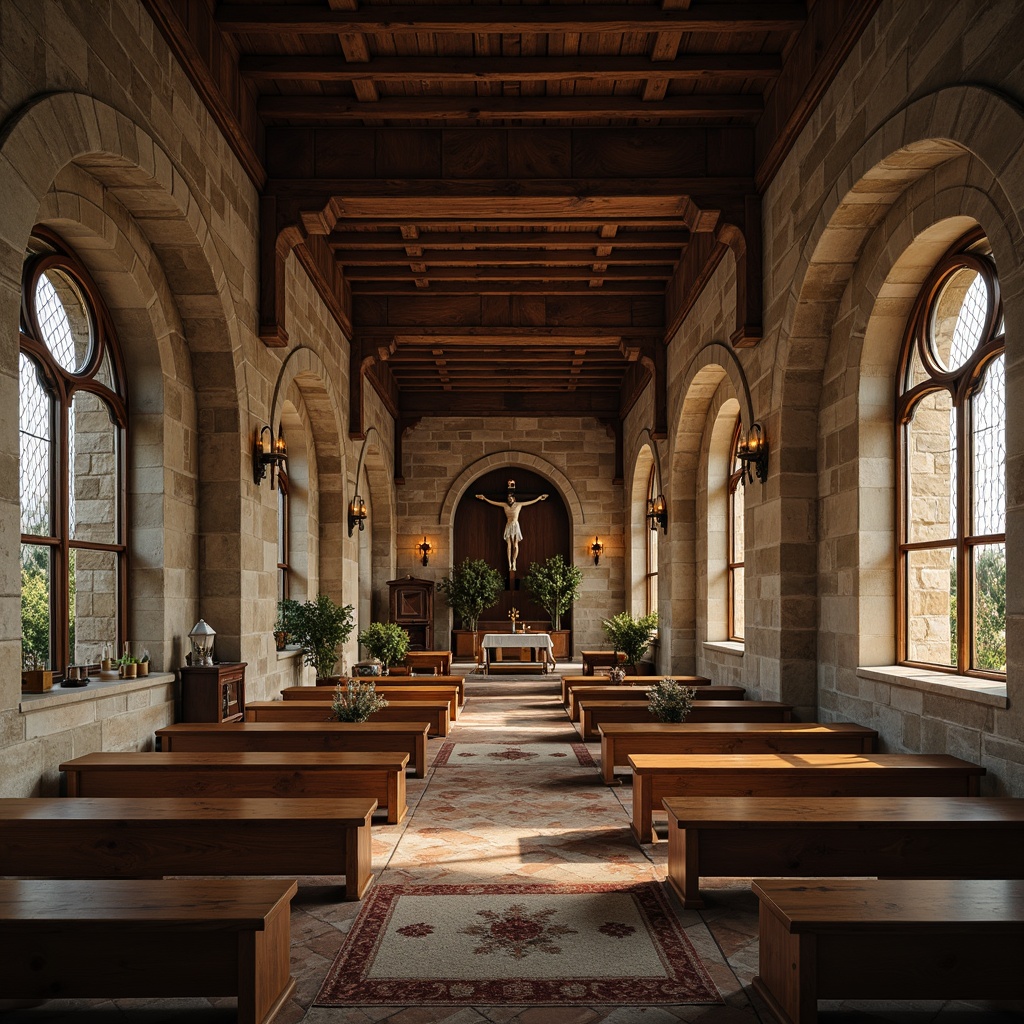 Prompt: Soothing monastery interior, rustic wooden furniture, natural stone walls, vaulted ceilings, stained glass windows, dim warm lighting, serene atmosphere, minimalist decor, simple benches, wooden pews, prayer rugs, candlelit spaces, ornate crucifixes, intricate carvings, Gothic arches, Romanesque columns, peaceful ambiance, shallow depth of field, 1/1 composition, soft focus, realistic textures.