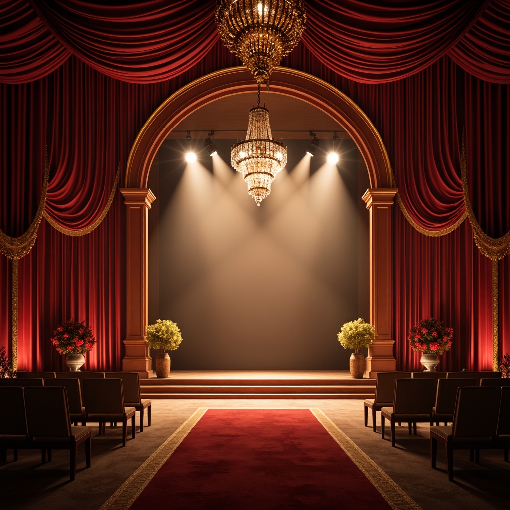 Prompt: Dramatic stage, velvet curtains, golden accents, ornate chandeliers, warm spotlights, rich red tones, luxurious fabrics, grandiose archways, opulent details, lavish decorations, sparkling crystals, shimmering drapes, softbox lights, subtle shadows, high-contrast lighting, dramatic silhouettes, cinematic mood, atmospheric haze, low-angle shots, symmetrical composition, vivid color palette, intense highlights.