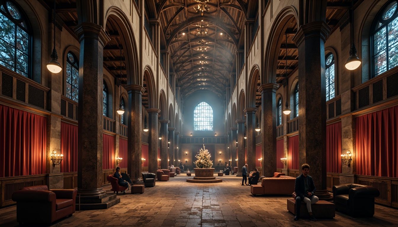 Prompt: Intricate vaulted ceiling, grand Gothic arches, ornate ribbed details, suspended lanterns, stained glass windows, rich wood tones, luxurious velvet fabrics, regal golden accents, dramatic height, mystical ambiance, warm candlelight, atmospheric misting, medieval-inspired furnishings, mysterious shadowing, 3/4 composition, symmetrical framing, soft diffused lighting, realistic textures, ambient occlusion.