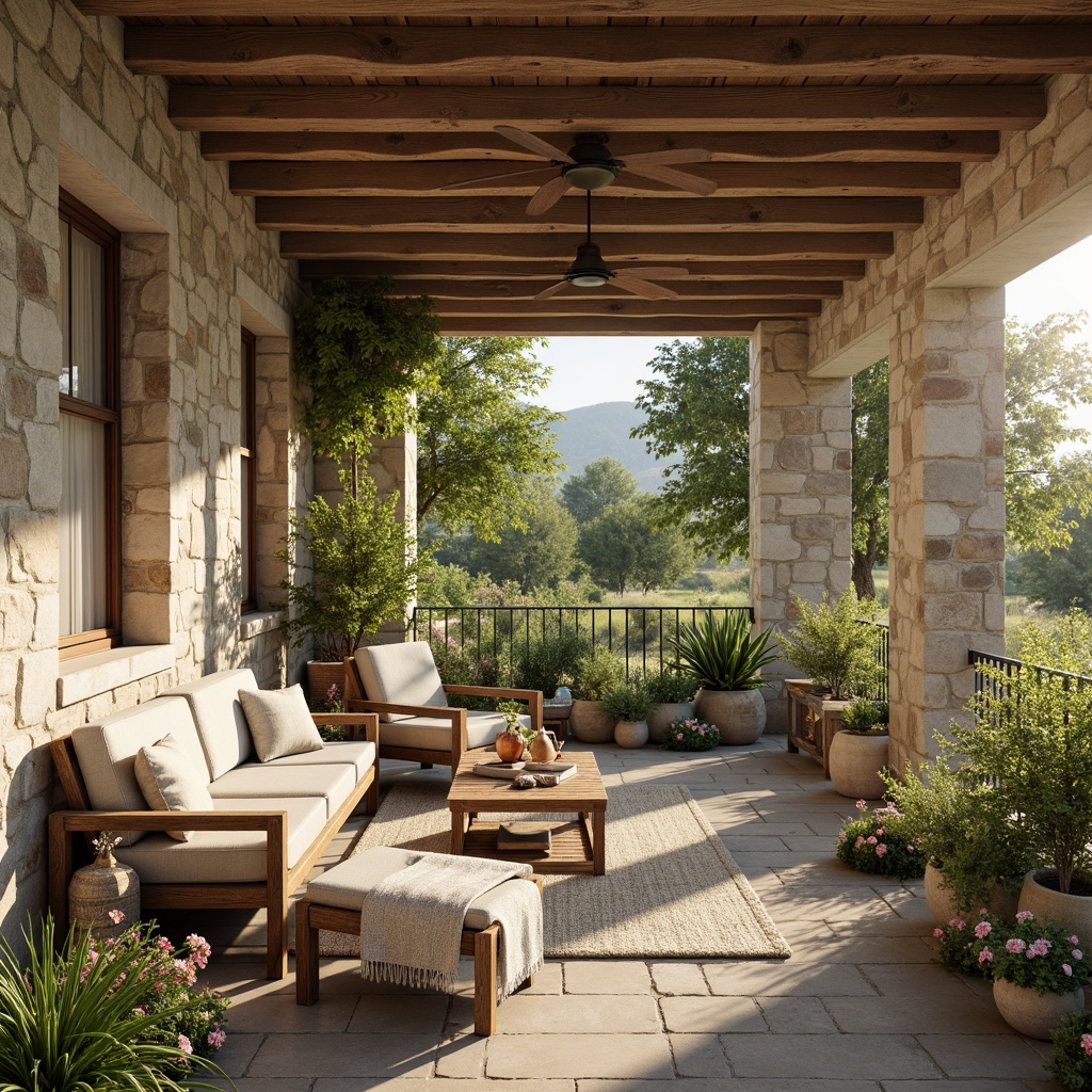 Prompt: Cozy farmhouse sunroom, rustic wooden beams, natural stone walls, vintage metal accents, earthy color palette, warm beige tones, soft sage greens, creamy whites, weathered wood furniture, plush throw blankets, lush greenery, blooming flowers, sunny day, warm golden lighting, shallow depth of field, 1/1 composition, realistic textures, ambient occlusion.