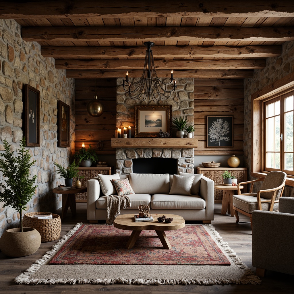 Prompt: Rustic cabin interior, reclaimed wooden planks, stone walls, earthy color palette, natural textiles, woven baskets, vintage furniture, distressed finishes, metal accents, candles, warm lighting, cozy atmosphere, layered rugs, chunky throw blankets, pinecone decorations, wooden beam ceiling, rustic chandelier, nature-inspired artwork, organic shapes, rough-hewn wood, soft shadows, shallow depth of field, 1/2 composition, warm color grading.