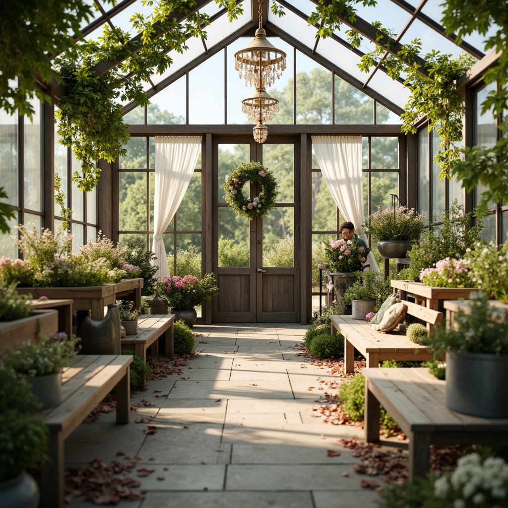 Prompt: Whimsical greenhouse, distressed wooden benches, vintage metal planters, soft pastel hues, lush greenery, overflowing flower arrangements, rustic wooden doors, antique gardening tools, natural stone flooring, elegant chandeliers, flowing white curtains, warm sunny lighting, shallow depth of field, 1/2 composition, romantic ambiance, realistic textures, ambient occlusion.