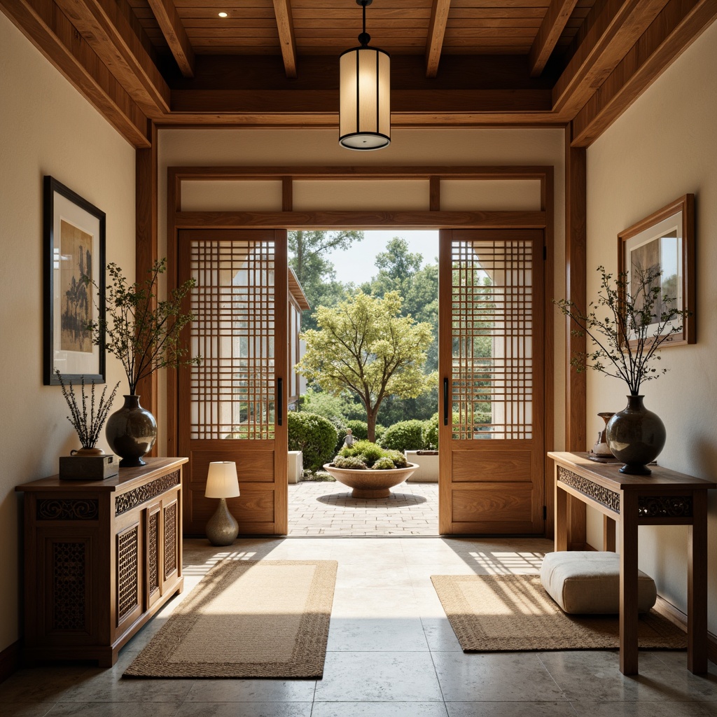 Prompt: Asian-inspired entryway, wooden sliding doors, natural stone flooring, woven bamboo mats, ornate wooden console tables, intricate carvings, minimalist decor, low-seating benches, paper lanterns, subtle lighting, warm beige tones, soft textiles, plants with bonsai trees, Japanese-style vases, lacquered wood accents, elegant metal hardware, serene ambiance, shallow depth of field, 2/3 composition, natural materials, earthy color palette.