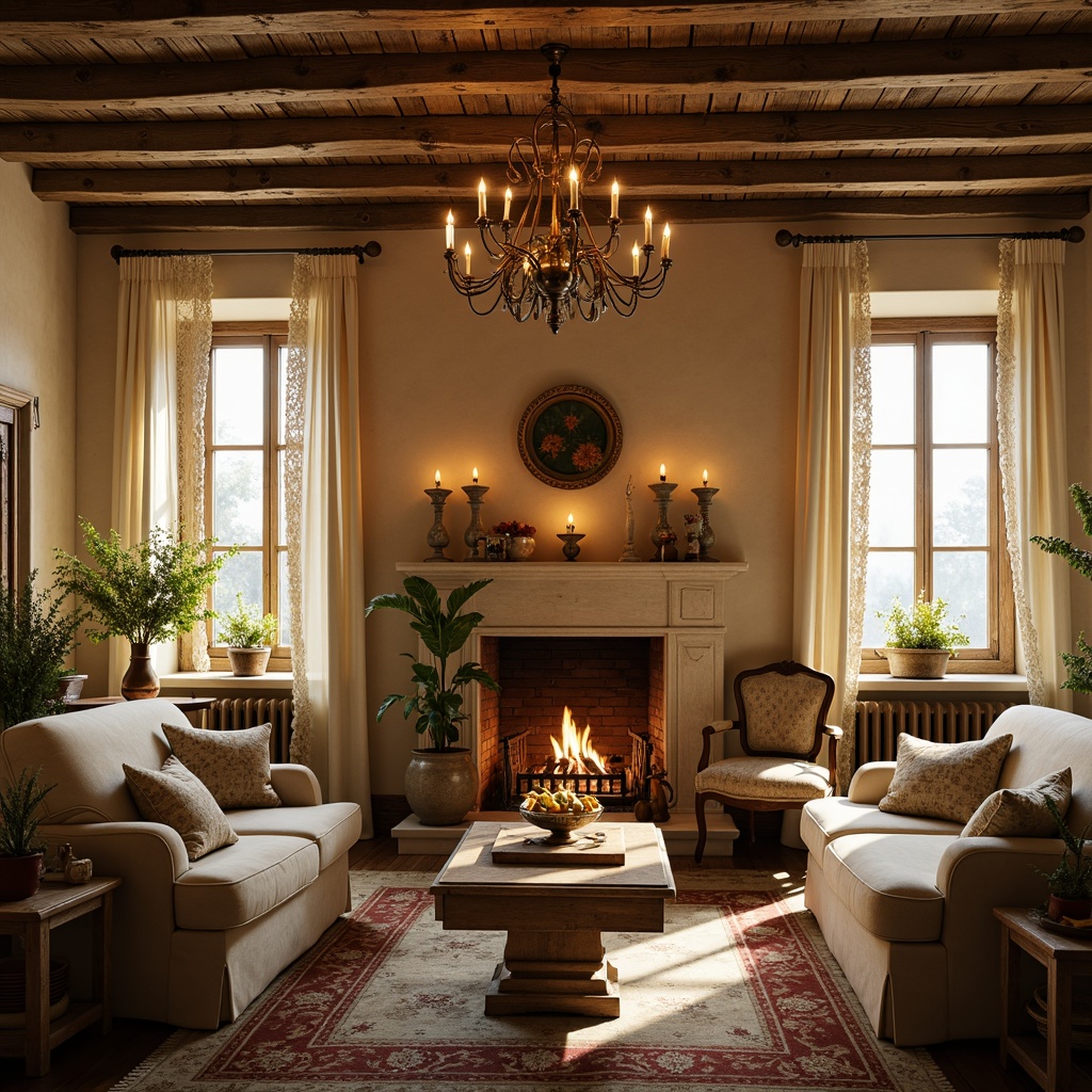 Prompt: Rustic French country-style interior, warm golden lighting, soft candlelight, ornate metal chandeliers, distressed wooden beams, vintage pendant lamps, creamy whites, warm beige tones, natural stone walls, plush velvet fabrics, elegant drapery, lace trimmings, antique furniture pieces, carved wood accents, subtle metallic sheen, warm earthy colors, cozy atmosphere, softbox lighting, 1/1 composition, intimate mood, realistic textures, ambient occlusion.