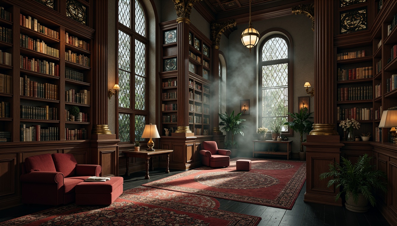 Prompt: Ornate bookcases, intricately carved wooden shelves, mysterious dark wood tones, lavish velvet upholstery, golden metal hardware, mystical ambiance, dim warm lighting, richly patterned rugs, grandiose high ceilings, stone walls, stained glass windows, ancient tomes, leather-bound books, mystical artifacts, eerie silence, dramatic shadows, cinematic composition, 1/2 camera angle, atmospheric fog effect.