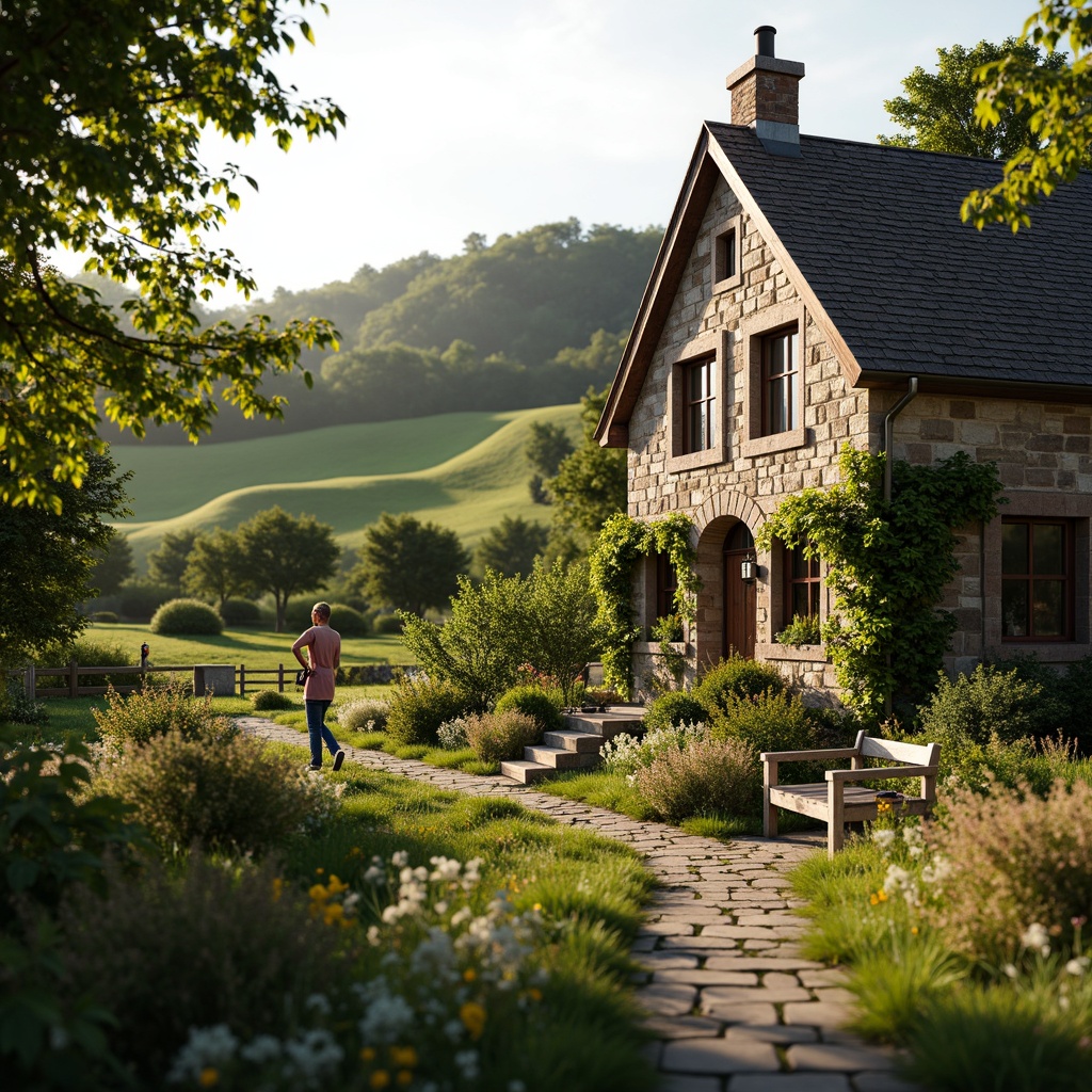 Prompt: Rustic stone cottage, soft rolling hills, lush green meadows, vibrant wildflowers, ancient trees, curved cobblestone pathways, distressed wooden fences, ornate iron gates, charming garden benches, overflowing flower pots, delicate ivy crawling, weathered shutters, steeply pitched roofs, rustic chimney stacks, warm golden lighting, shallow depth of field, 1/2 composition, intimate close-up shots, soft focus, dreamy atmosphere.