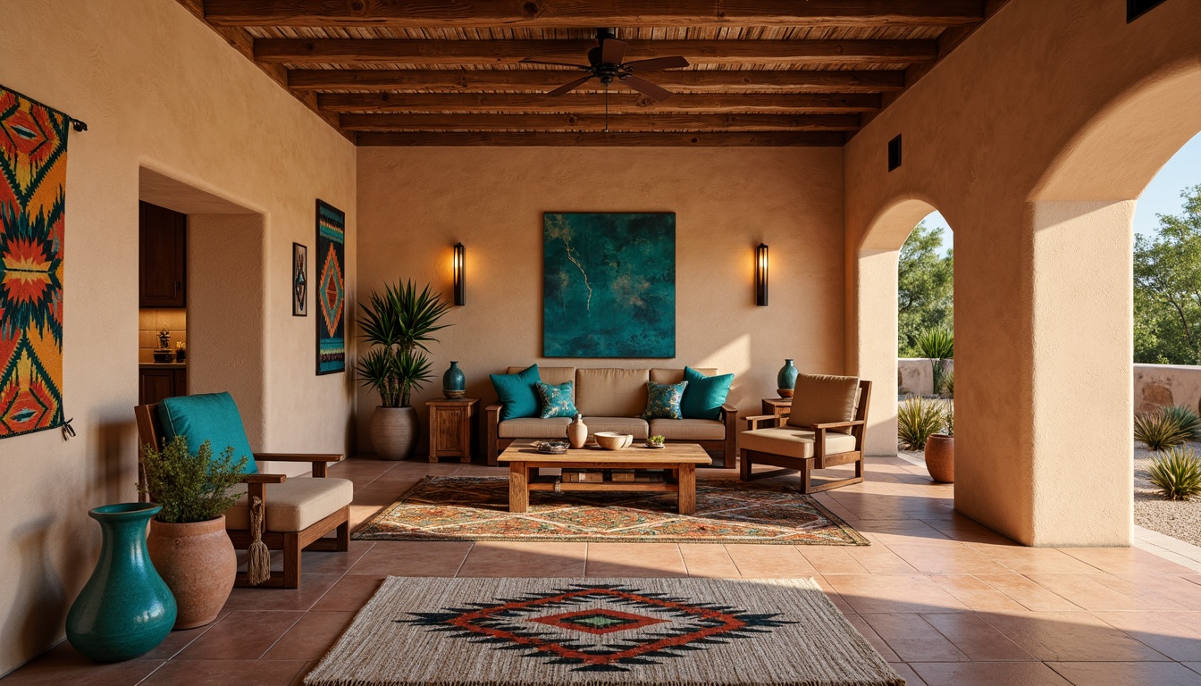 Prompt: Earth-toned adobe walls, rustic wooden beams, vibrant turquoise accents, woven Native American patterned rugs, plush desert-inspired textiles, natural fiber upholstery, reclaimed wood furniture, terracotta pottery, woven baskets, earthy clay vases, warm sandy-hued stone flooring, distressed leather armchairs, Southwestern-inspired geometric patterns, bold colorful tapestries, ambient warm lighting, shallow depth of field, 3/4 composition, realistic textures.