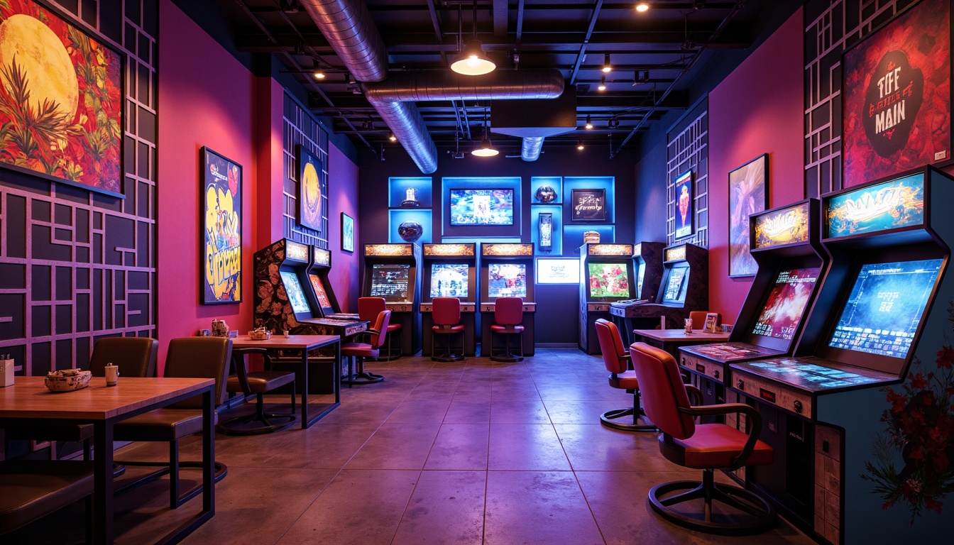 Prompt: Vibrant game room, neon-lit arcade machines, eclectic decorative accents, bold color schemes, statement walls, abstract artwork, modern geometric patterns, industrial-chic decor, reclaimed wood furniture, sleek metal frames, plush gaming chairs, ambient LED lighting, futuristic ambiance, cinematic sound systems, immersive virtual reality experiences, 1/1 composition, dramatic shadows, high-contrast colors.