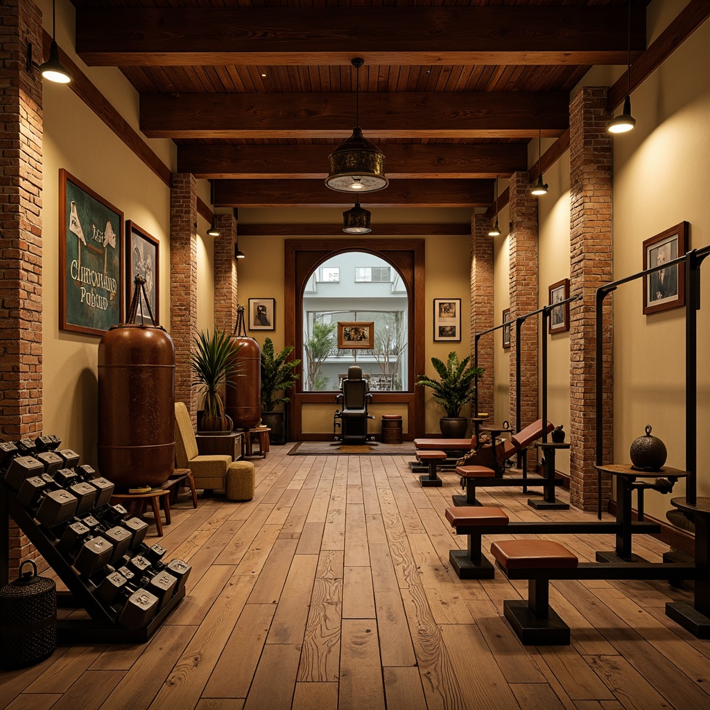 Prompt: Rich wood tones, warm beige walls, classic athletic equipment, vintage dumbbells, leather-bound punching bags, distressed wooden flooring, earthy color palette, warm lighting fixtures, ornate metal accents, traditional weightlifting benches, antique exercise machines, nostalgic sports memorabilia, rustic brick walls, natural stone columns, masculine ambiance, soft warm lighting, shallow depth of field, 2/3 composition, realistic textures.