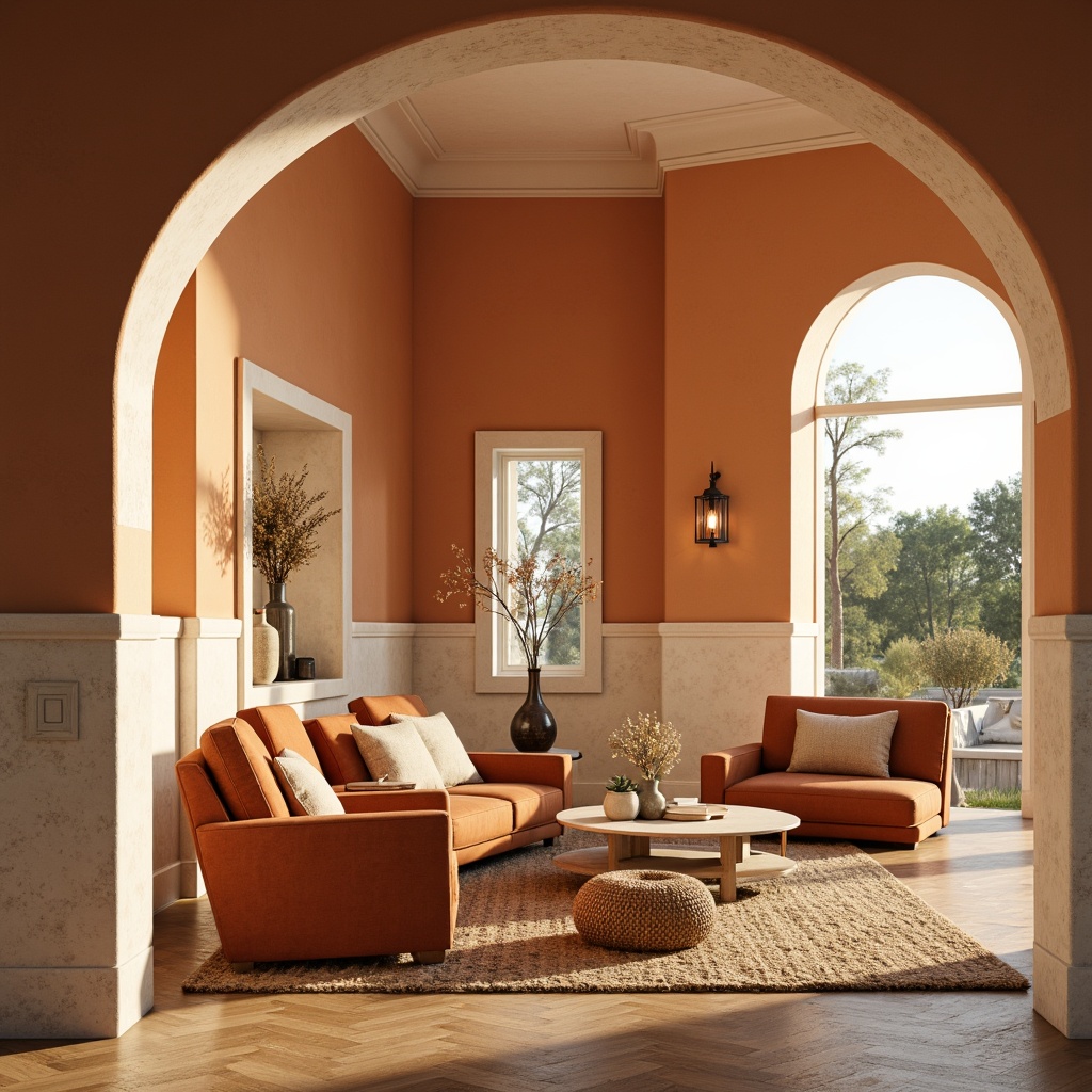 Prompt: Warm apricot walls, creamy whites, rich wood accents, soft golden lighting, plush area rugs, comfortable velvet sofas, minimalist coffee tables, natural woven baskets, delicate ceramic vases, ornate metal lanterns, elegant archways, subtle texture contrasts, shallow depth of field, 1/1 composition, warm atmospheric perspective, realistic material reflections.