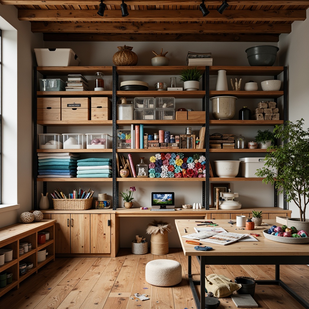 Prompt: Organized craft room, wooden shelves, transparent storage bins, colorful fabric rolls, threaded spools, paint-splattered worktable, natural wood grain, industrial metal racks, adjustable shelving units, soft warm lighting, shallow depth of field, 1/1 composition, realistic textures, ambient occlusion.