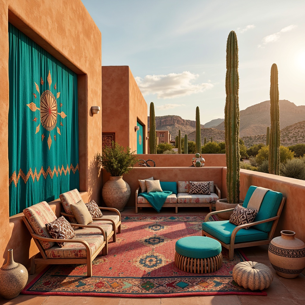 Prompt: Vibrant turquoise fabrics, bold geometric patterns, warm earthy tones, rustic woven textures, natural fibers, southwestern-inspired embroidery, colorful tribal prints, Aztec motifs, hand-painted ceramics, distressed wooden accents, sun-kissed adobe architecture, desert landscape, cacti silhouettes, vast open skies, warm golden lighting, soft focus, 1/1 composition, realistic fabric simulation.