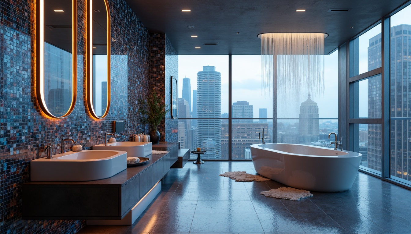 Prompt: Futuristic bathroom, metallic surfaces, iridescent tiles, holographic accents, neon-lit mirrors, sleek glass countertops, minimalist faucets, LED lighting, ambient glow, misty atmosphere, water-conserving showerheads, eco-friendly materials, innovative ventilation systems, floor-to-ceiling windows, cityscape views, urban landscape, modern skyscrapers, soft box lighting, 1/1 composition, shallow depth of field.