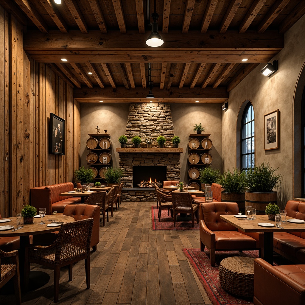 Prompt: Cozy rustic pub, reclaimed wooden walls, vintage beer barrels, stone fireplace, distressed leather armchairs, plush velvet sofas, natural fiber textiles, woven wicker furniture, earthy color palette, warm candlelight, dim ambient lighting, industrial metal accents, exposed brick ceilings, wooden plank flooring, soft moss greenery, rich wood tones, comforting atmosphere, intimate seating areas, rustic decorative patterns, nature-inspired motifs, warm beige walls, comfortable lounge zones.