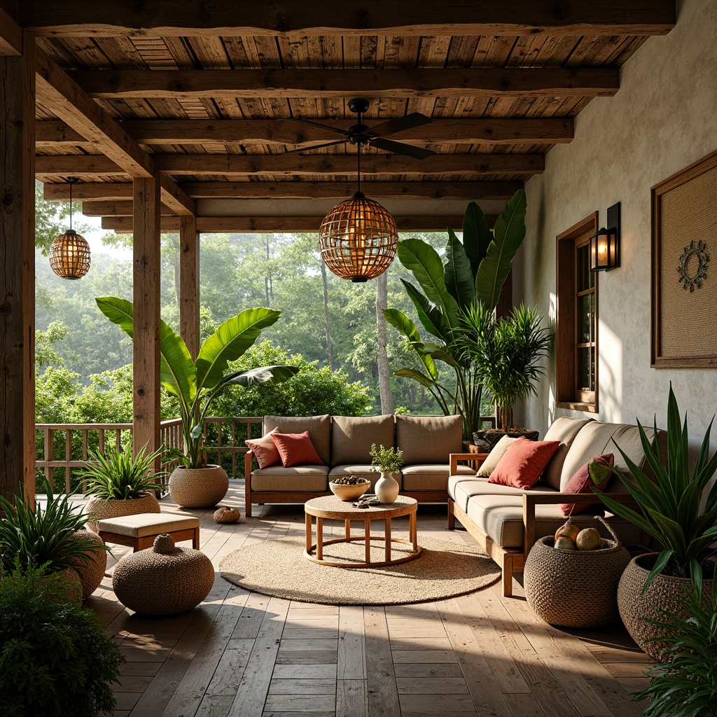 Prompt: Rustic farmhouse, tropical surroundings, lush greenery, exotic flowers, natural wood accents, woven rattan furniture, bamboo ceiling fans, jute rugs, reclaimed wooden planks, earthy color palette, organic textures, stone walls, vintage metal lanterns, distressed finishes, warm soft lighting, shallow depth of field, 1/2 composition, realistic renderings, ambient occlusion.