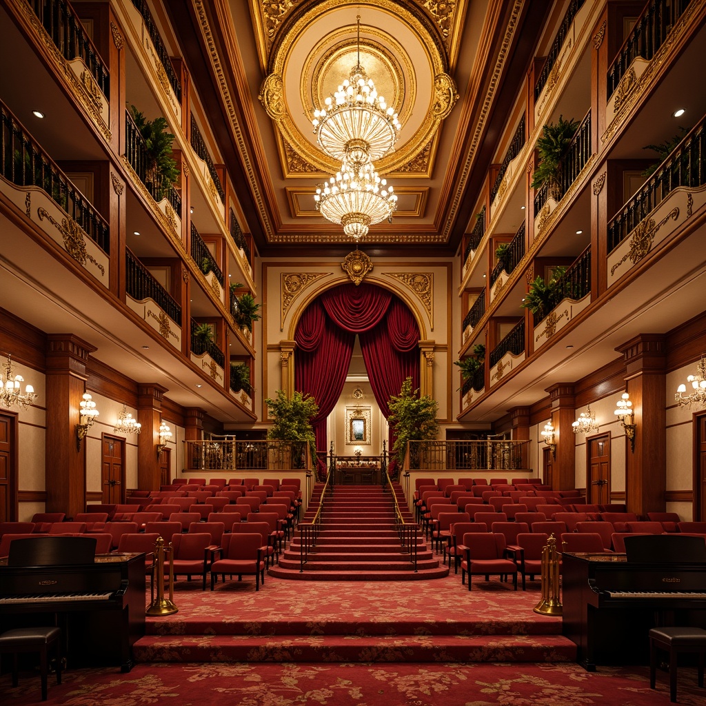 Prompt: Grandiose auditorium, opulent chandeliers, intricate moldings, velvet drapes, gilded accents, ornate balconies, majestic staircases, lavish furnishings, regal red carpets, gold-leaf ceilings, crystal sconces, sophisticated lighting fixtures, Baroque-inspired patterns, luxurious fabrics, grand pianos, refined wood tones, dramatic archways, soft warm glow, shallow depth of field, 1/1 composition, realistic textures, ambient occlusion.