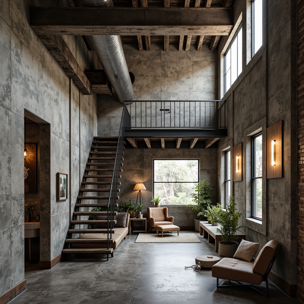 Prompt: Rugged warehouse interior, exposed ductwork, raw concrete walls, steel beams, industrial metal staircase, reclaimed wood accents, Edison bulb lighting, urban loft atmosphere, distressed finishes, brutalist architectural style, functional simplicity, open floor plan, minimalist decor, natural light pouring in, high ceiling, 3/4 composition, gritty textures, realistic rendering.