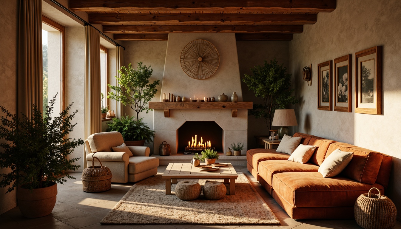 Prompt: Cozy cabin, rustic wooden accents, natural stone walls, warm beige colors, soft candlelight, plush area rugs, comfortable oversized furniture, velvet upholstery, woven baskets, earthy terracotta pots, lush greenery, warm golden lighting, shallow depth of field, 1/1 composition, realistic textures, ambient occlusion.