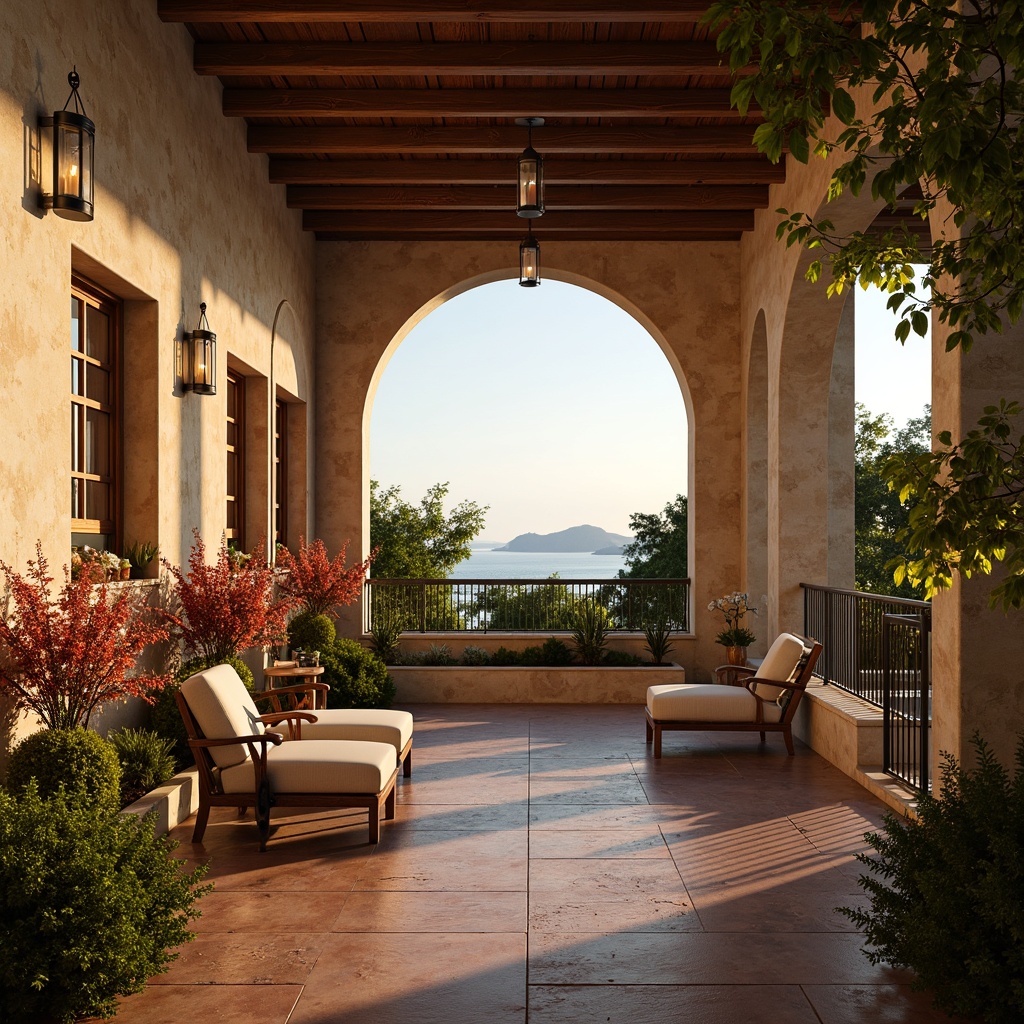 Prompt: Warm Mediterranean villa, soft golden lighting, rustic stone walls, wooden beam ceilings, terracotta floor tiles, cozy interior courtyard, lush greenery, vibrant bougainvillea flowers, delicate wrought iron railings, ornate lanterns, warm beige color palette, subtle candlelight, gentle ocean breeze, panoramic views of the sea, shallow depth of field, 1/2 composition, natural textures, ambient occlusion.