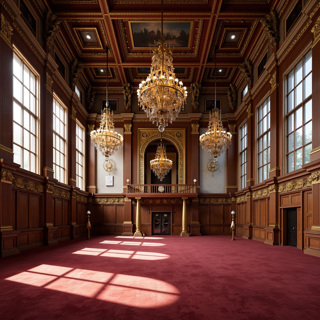 Prompt: Grandiose gymnasium, ornate chandeliers, rich wood tones, regal red velvet, golden accents, intricate moldings, high ceilings, large windows, natural light, warm atmosphere, subtle shadows, soft focus, 1/1 composition, realistic textures, ambient occlusion, dramatic lighting, intense contrasts.