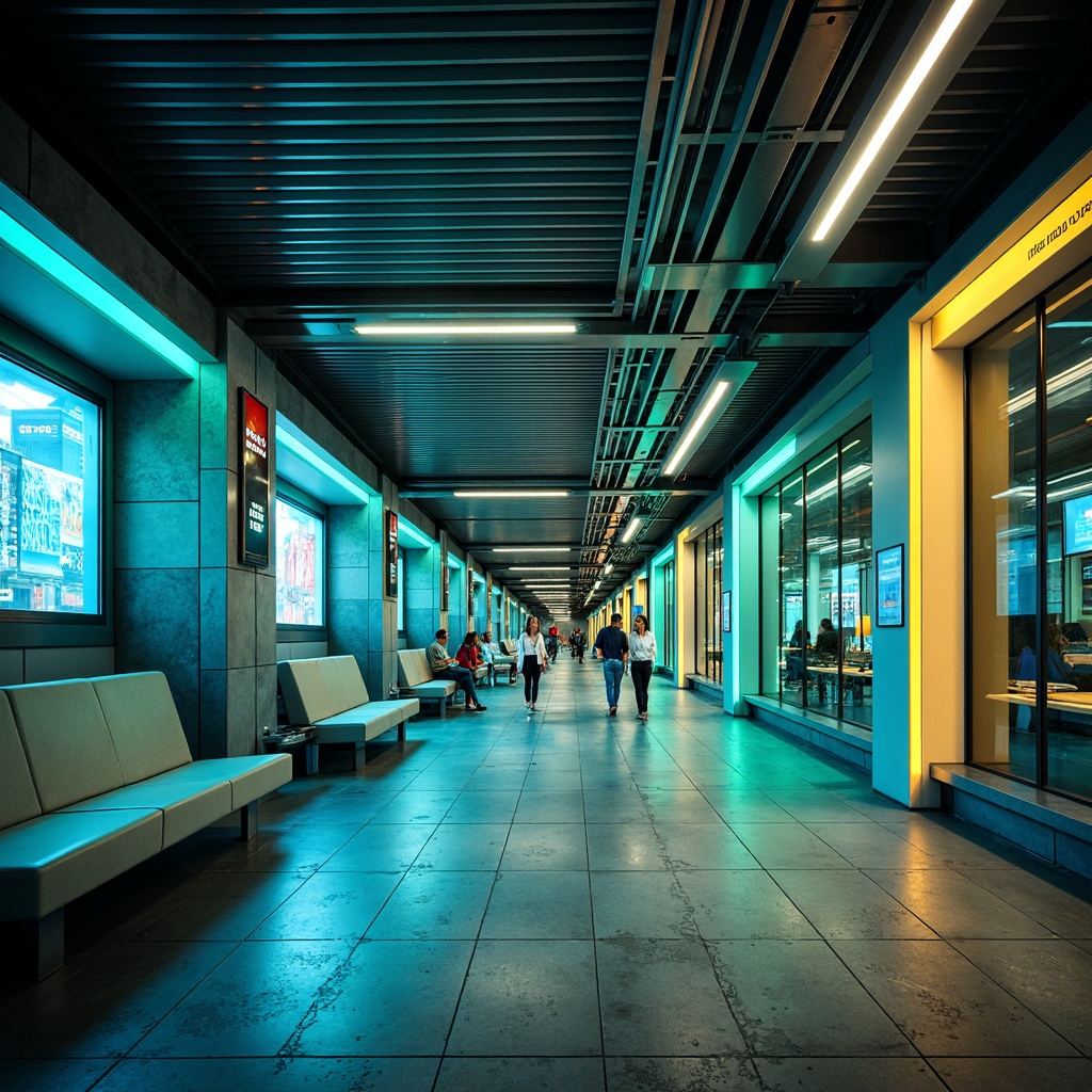 Prompt: Vibrant metro station interior, modern urban aesthetic, bright LED lighting, sleek metal accents, polished stone floors, dynamic color scheme, bold geometric patterns, contrasting warm and cool tones, energetic blue hues, calming green undertones, sophisticated neutral backgrounds, futuristic ambiance, bustling city atmosphere, shallow depth of field, 3/4 composition, panoramic view, realistic textures, ambient occlusion.