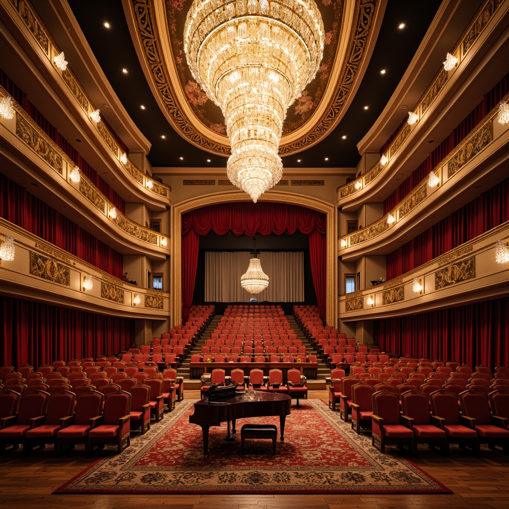 Prompt: Luxurious auditorium interior, opulent chandeliers, intricately patterned carpets, velvet drapes, gilded accents, ornate moldings, curved balconies, regal red seats, polished wooden floors, grand pianos, sparkling crystal sconces, dramatic spotlights, 1/2 composition, warm golden lighting, shallow depth of field, realistic textures, ambient occlusion.