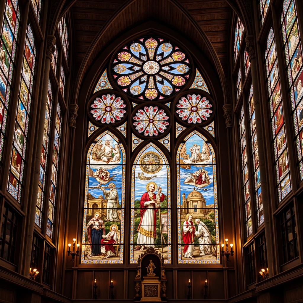 Prompt: Intricate stained glass windows, vibrant colored light filters, ornate Gothic arches, grand cathedral ceilings, exquisite Christian iconography, richly detailed biblical scenes, warm golden lighting, subtle color gradations, fine textures, realistic glass reflections, 1/1 composition, soft focus, atmospheric perspective.