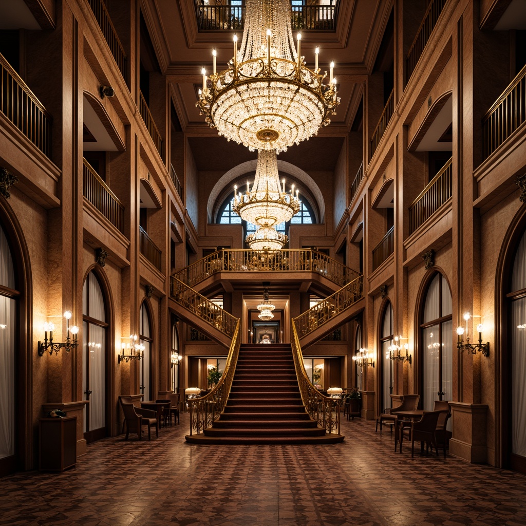 Prompt: Ornate chandeliers, crystal droplets, golden accents, lavish candelabras, intricate metalwork, grand staircases, opulent fabrics, rich wood tones, majestic archways, imposing columns, dramatic ceiling heights, regal color schemes, warm soft lighting, subtle shading, 1/2 composition, symmetrical framing, realistic reflections, ambient occlusion, Baroque-inspired details.