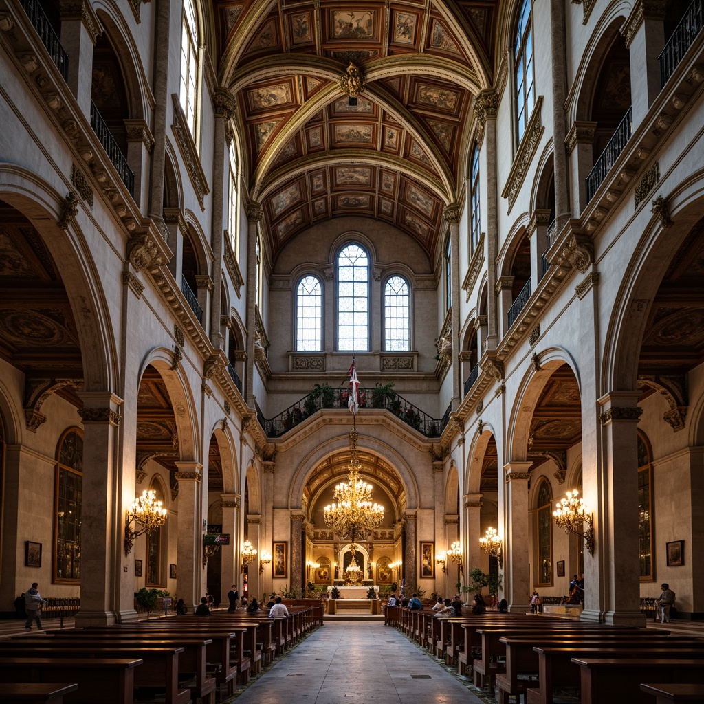 Prompt: Majestic cathedral, vaulted ceiling, ornate frescoes, golden chandeliers, marble columns, intricate carvings, grandiose stained glass windows, solemn atmosphere, natural stone walls, ornamental gilding, symmetrical composition, dramatic lighting, shallow depth of field, 1/1 perspective, realistic textures, ambient occlusion.