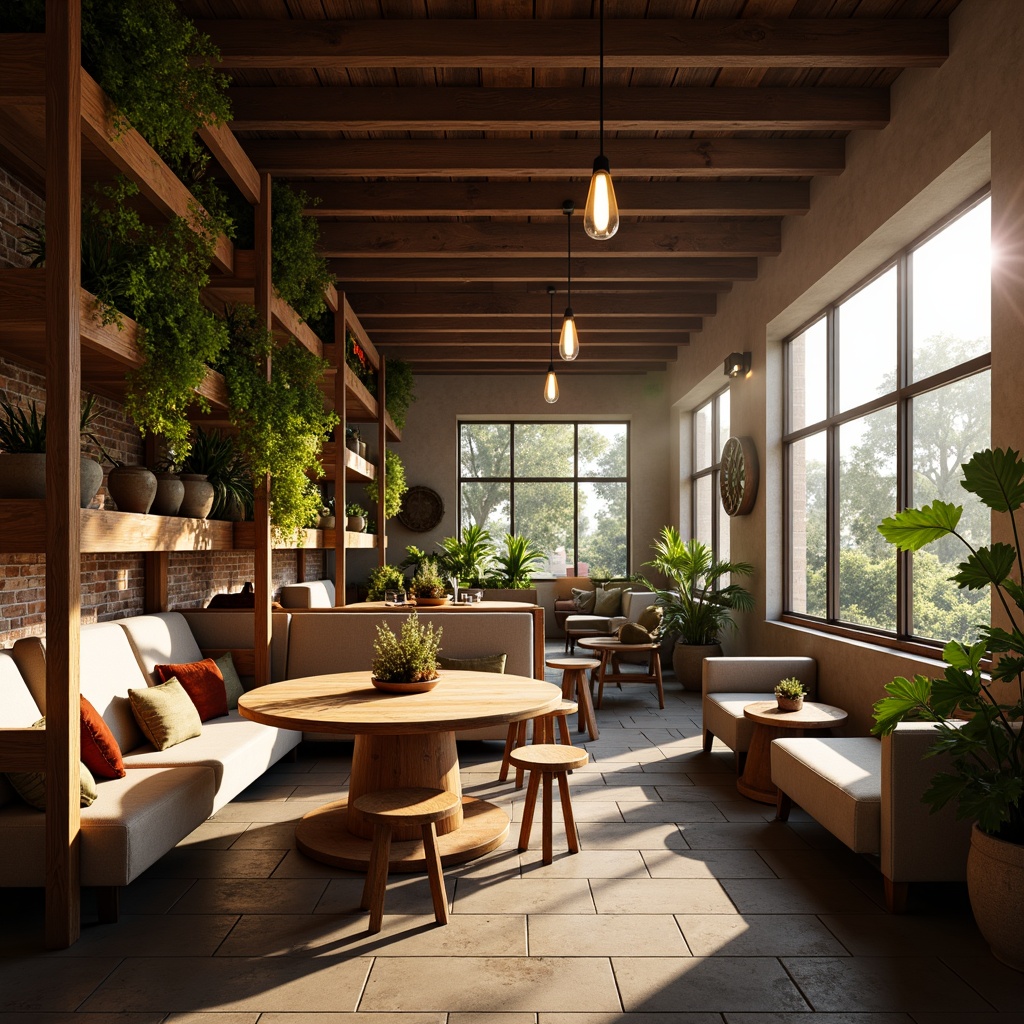 Prompt: Cozy coffee shop, warm inviting atmosphere, rustic wood accents, comfortable seating areas, circular tables, plush couches, pendant lighting, brick walls, natural stone floors, greenery installations, lively urban vibe, morning sunlight, soft warm glow, shallow depth of field, 1/2 composition, realistic textures, ambient occlusion.