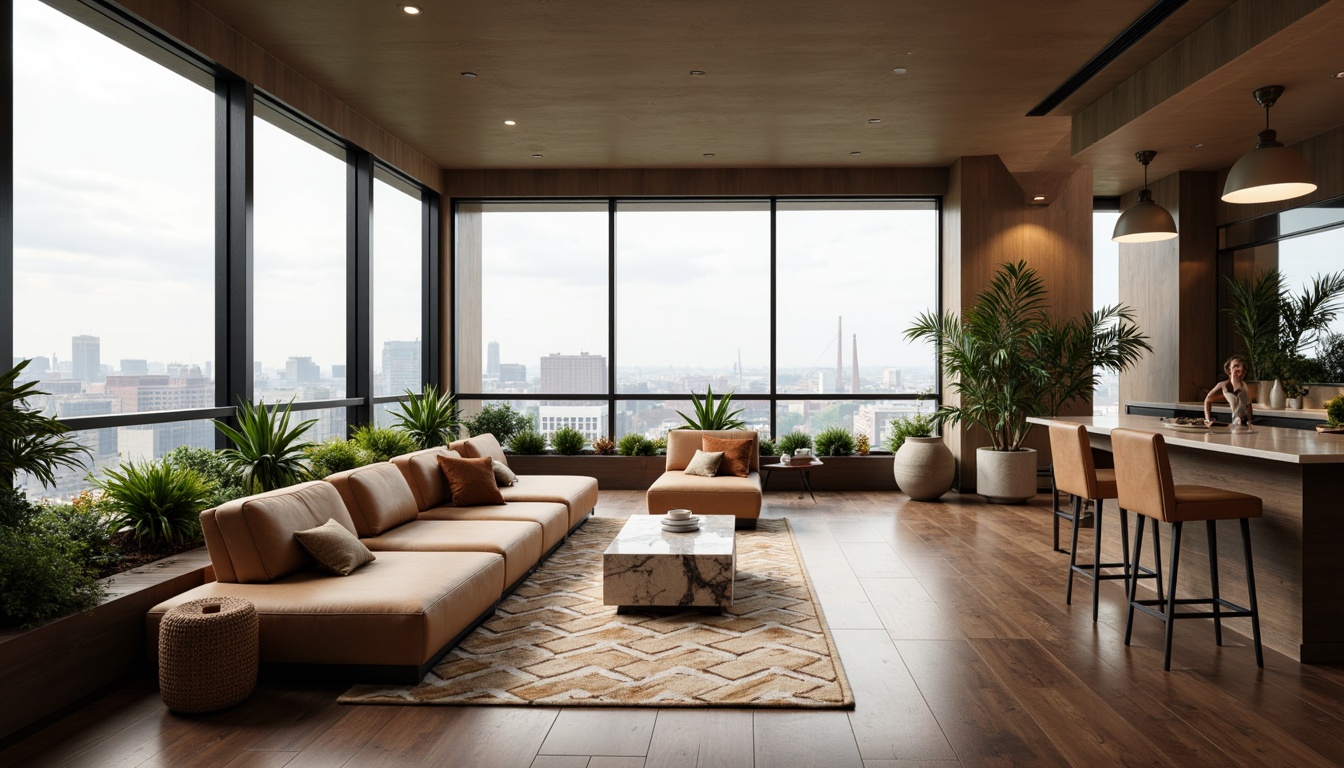 Prompt: Luxurious penthouse interior, mid-century modern aesthetic, sleek wooden floors, floor-to-ceiling windows, minimalist decor, geometric patterned rugs, low-profile sectional sofas, tufted leather armchairs, marble coffee tables, industrial metal lighting fixtures, greenery-filled planters, 1950s-inspired color palette, warm ambient lighting, shallow depth of field, 2/3 composition, soft focus effect, realistic textures, subtle grain noise.