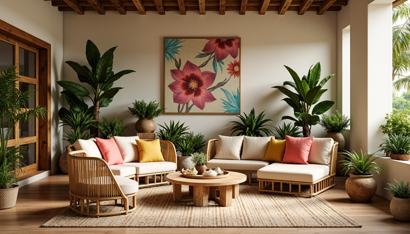 Prompt: Vibrant tropical farmhouse interior, warm beige walls, reclaimed wood accents, natural rattan furniture, lush greenery, exotic floral arrangements, earthy terracotta pots, rustic metal decor, soft sandy neutrals, creamy whites, pops of bright coral, sunny yellow, and turquoise blue, distressed wood textures, woven wicker patterns, organic shapes, cozy ambient lighting, shallow depth of field, 1/1 composition, realistic renderings, warm atmospheric effects.