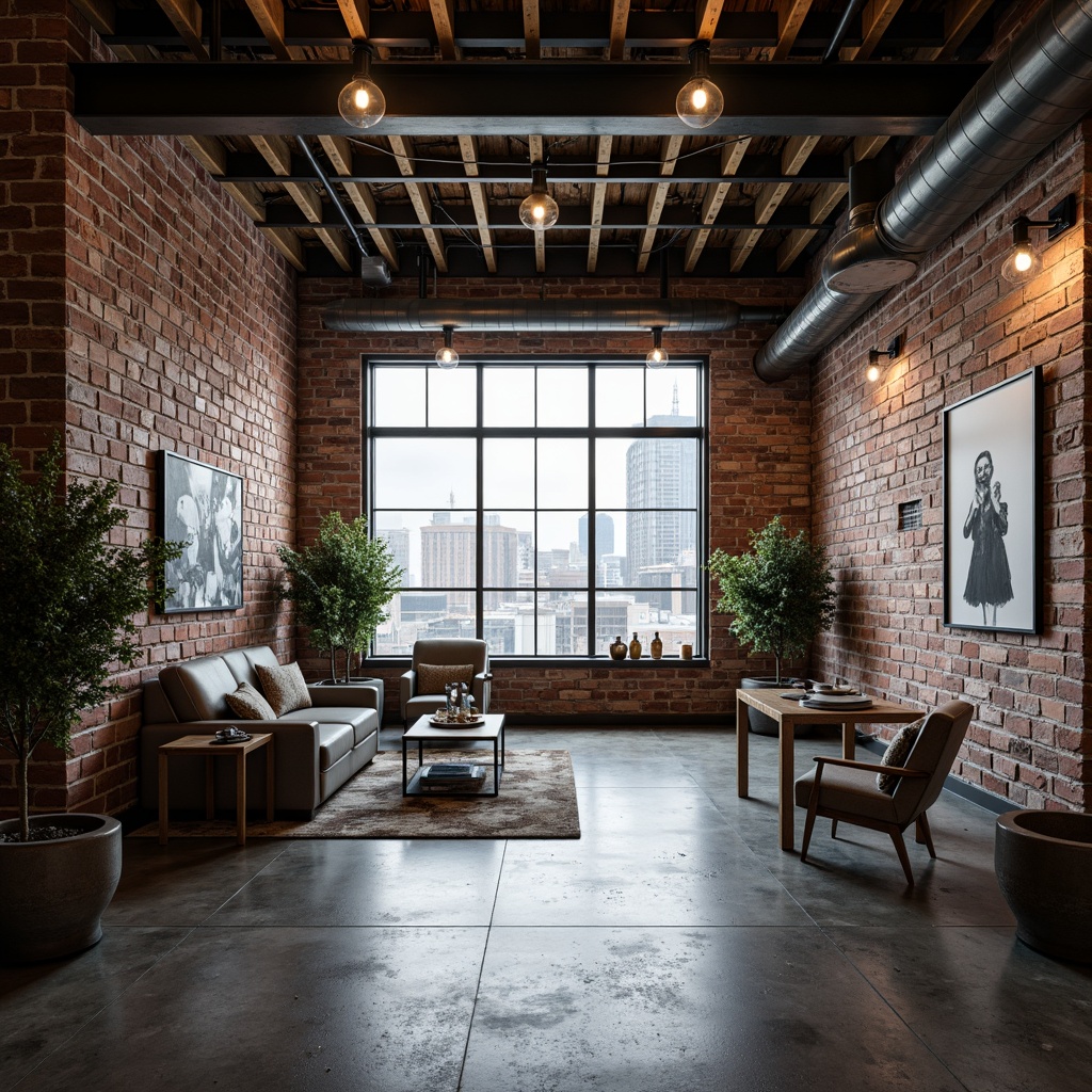 Prompt: Exposed brick walls, industrial metal beams, reclaimed wood accents, polished concrete floors, urban cityscape views, modern minimalist decor, sleek steel furniture, functional factory-style lighting, distressed vintage signage, Edison bulb fixtures, airy open spaces, abstract urban artwork, monochromatic color schemes, high-contrast textures, dramatic shadows, 1/1 composition, cinematic lighting, gritty realistic render.