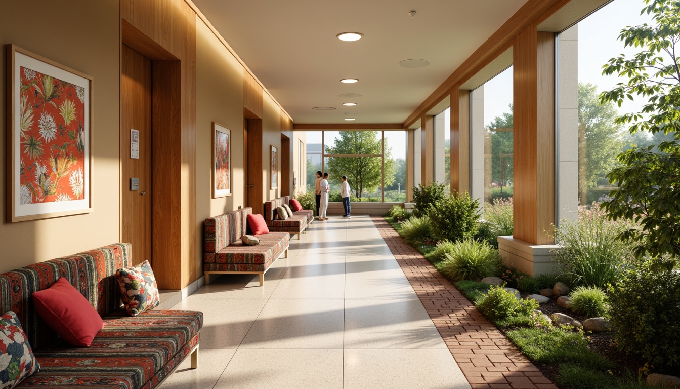 Prompt: Soothing hospital corridor, warm beige walls, natural wood accents, comfortable seating areas, vibrant cultural patterns, colorful textiles, traditional artwork, calming nature views, large windows, abundant natural light, soft diffused lighting, shallow depth of field, 3/4 composition, realistic textures, ambient occlusion, serene atmosphere, peaceful ambiance, gentle soundscape, waiting area with lush greenery, water feature, subtle scents, healing garden, therapeutic environment.