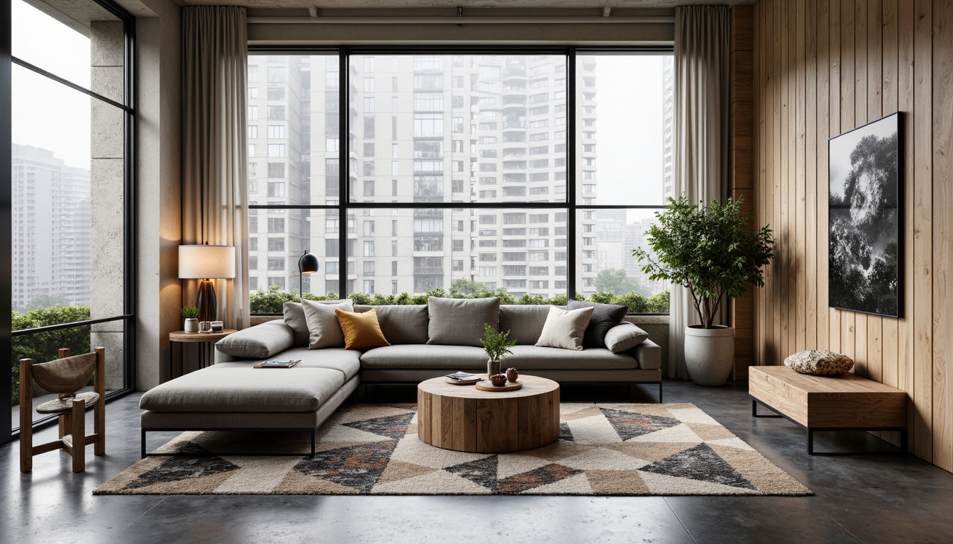 Prompt: Modern living room, sleek low-profile sofa, tufted ottoman, minimalist coffee table, metal and glass side tables, abstract artwork, floor-to-ceiling windows, natural light, urban loft atmosphere, polished concrete floors, industrial-chic decor, reclaimed wood accents, geometric patterned rugs, velvety soft throw pillows, metallic lamp fixtures, soft warm lighting, 1/2 composition, shallow depth of field, realistic textures.