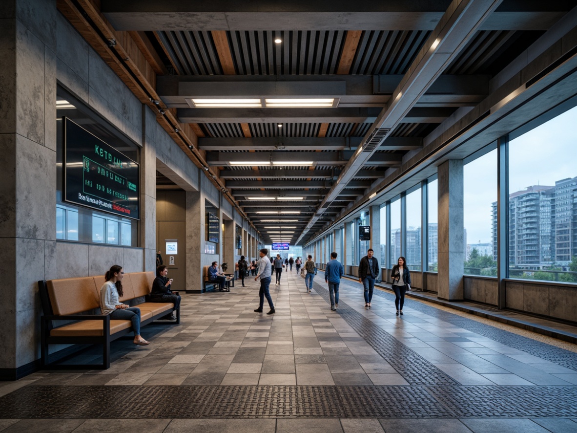 Prompt: Vibrant metro station, exposed concrete walls, industrial metal beams, sleek glass ceilings, modern LED lighting, urban cityscape, bustling commuters, dynamic movement, contrasting textures, rough stone flooring, smooth wooden benches, intricate mosaic tiles, futuristic digital displays, stainless steel handrails, atmospheric misting systems, shallow depth of field, 1/1 composition, realistic reflections, ambient occlusion.