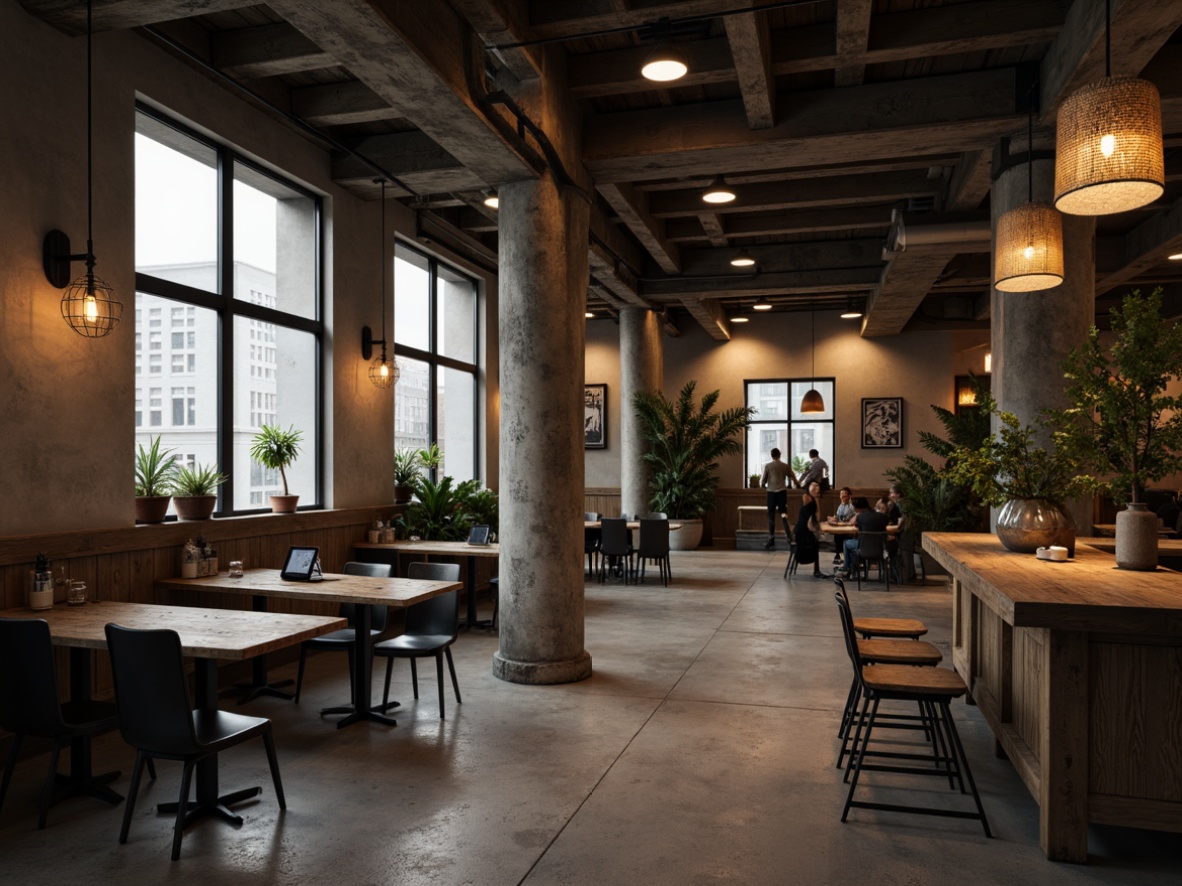 Prompt: Rustic wooden tables, metal chairs, industrial lighting fixtures, exposed concrete floors, brutalist architectural elements, minimalist decor, reclaimed wood accents, raw steel beams, urban loft atmosphere, dramatic high ceilings, moody color palette, warm ambient lighting, shallow depth of field, 2/3 composition, cinematic view, realistic textures, ambient occlusion.