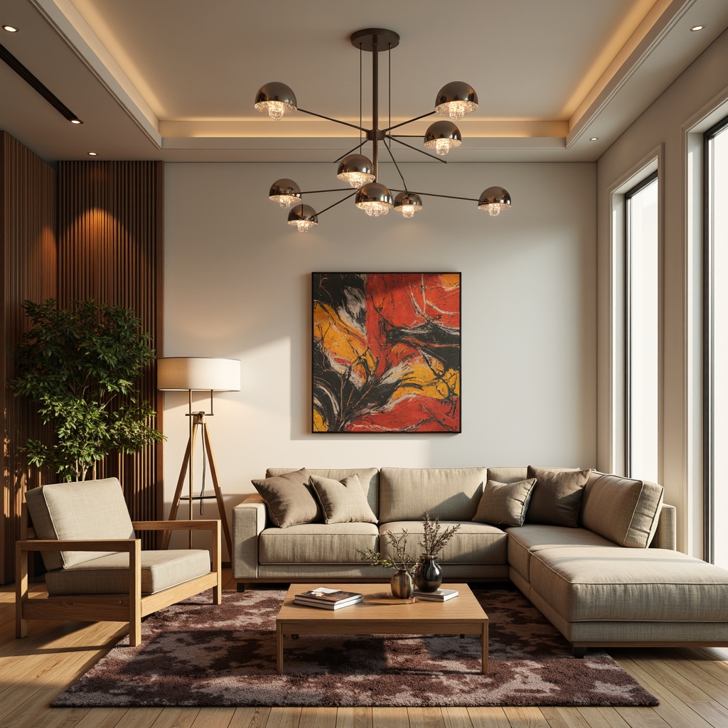 Prompt: Sophisticated living room, modern pendant lights, warm ambient glow, sleek metal shades, crystal chandeliers, minimalist floor lamps, natural wood accents, creamy white walls, plush area rugs, comfortable sectional sofas, vibrant abstract artwork, soft boxy shadows, 1/1 composition, realistic rendering, subtle color grading.