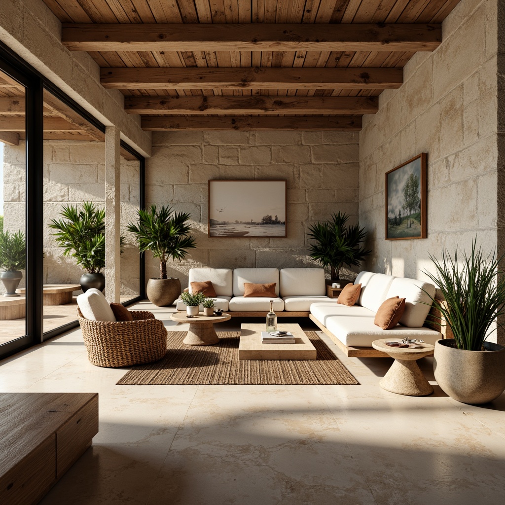 Prompt: Natural stone walls, reclaimed wood accents, earthy color palette, organic textures, rustic metal details, woven fiber furniture, live edge wooden tables, potted plants, minimalist decor, airy open spaces, abundant natural light, warm soft lighting, shallow depth of field, 3/4 composition, panoramic view, realistic materials, ambient occlusion.