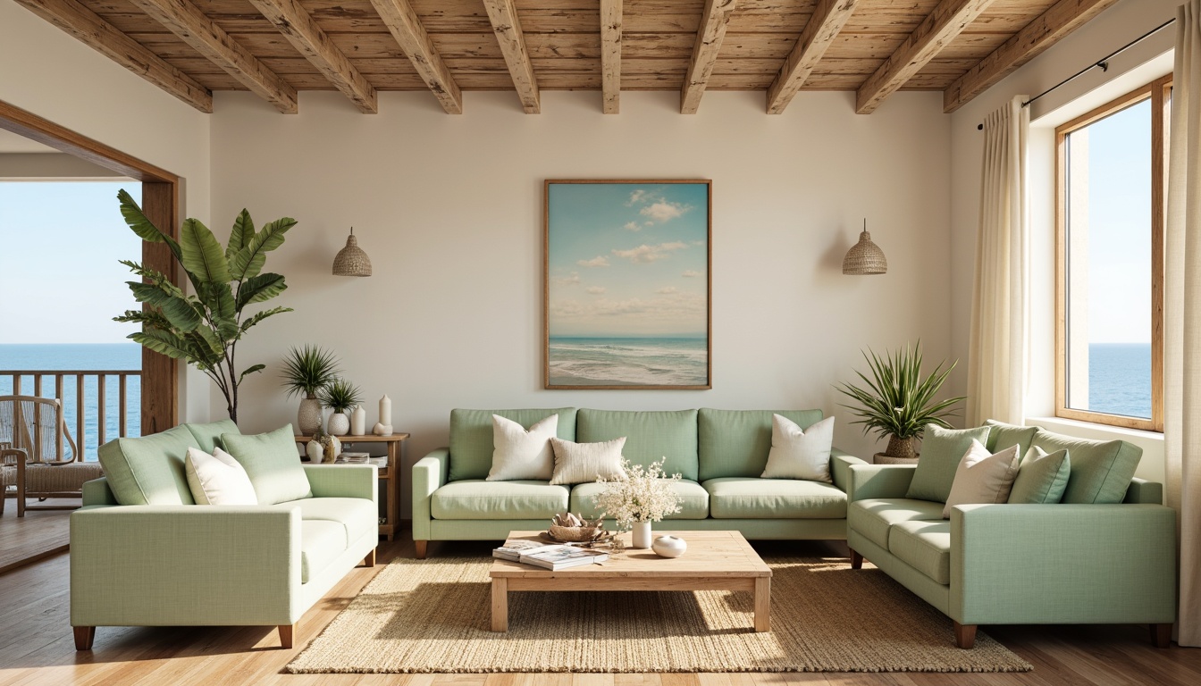 Prompt: Calming coastal living room, soft sandy beige walls, weathered wood accents, seafoam green furniture, driftwood coffee tables, natural jute rugs, ocean-inspired artwork, shell decorative accessories, creamy white curtains, linen upholstery, distressed wooden ceiling, warm sunny day, gentle ocean breeze, 1/1 composition, realistic textures, ambient occlusion.