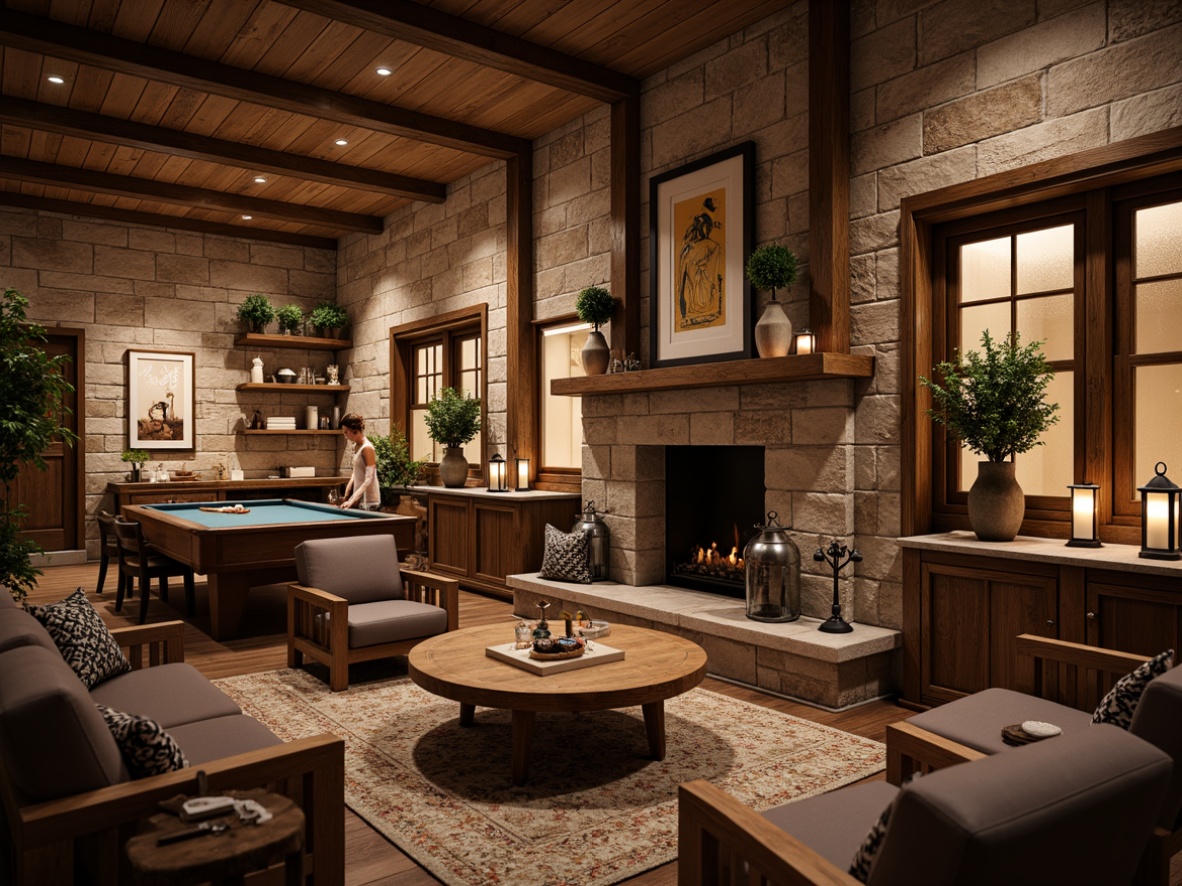 Prompt: Rustic game room, wooden accents, earthy tones, stone walls, vintage decorative items, cozy atmosphere, plush armchairs, wooden tables, lantern-style lighting, natural fiber rugs, warm color scheme, rustic wood shelves, metal decorations, industrial-style accessories, comfortable seating areas, intimate social spaces, soft warm lighting, shallow depth of field, 3/4 composition, realistic textures, ambient occlusion.