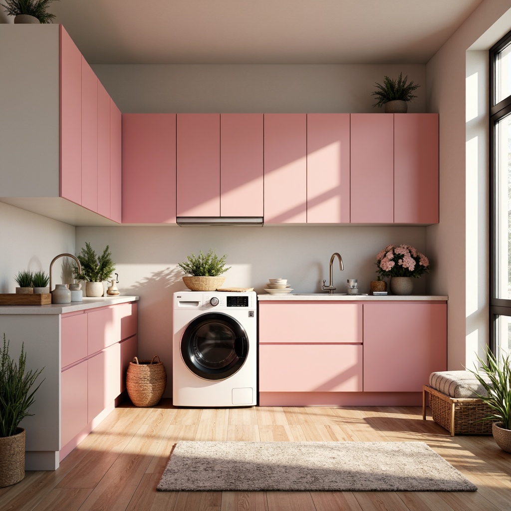 Prompt: Vibrant laundry room, bold color accents, pastel pink cabinets, sleek white countertops, stainless steel appliances, modern minimalist decor, natural wood floors, ample task lighting, soft warm glow, 1/1 composition, shallow depth of field, realistic textures, ambient occlusion, fresh flowers, lively greenery, calming beige walls, elegant chrome fixtures, luxurious marble surfaces, cozy plush area rugs.